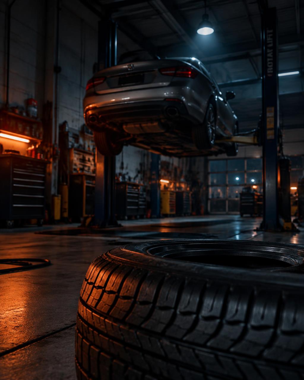 A car on a lift in the West Point Tires garage bay at night